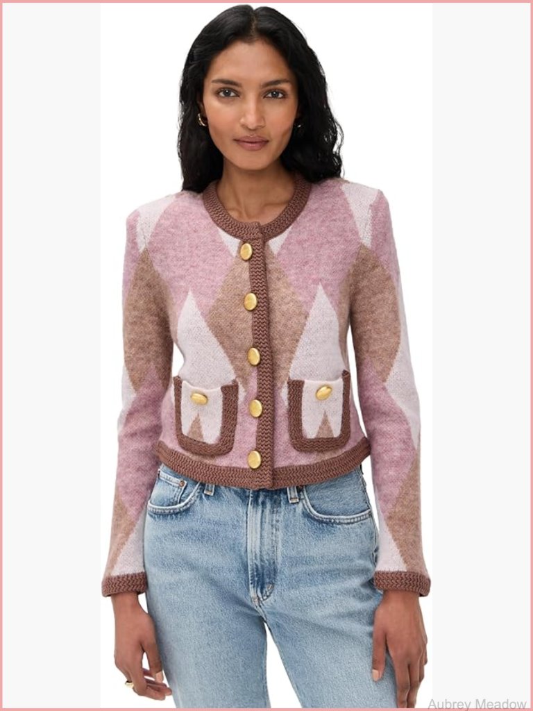 Fuzzy Argyle Cardigan With Gold Buttons